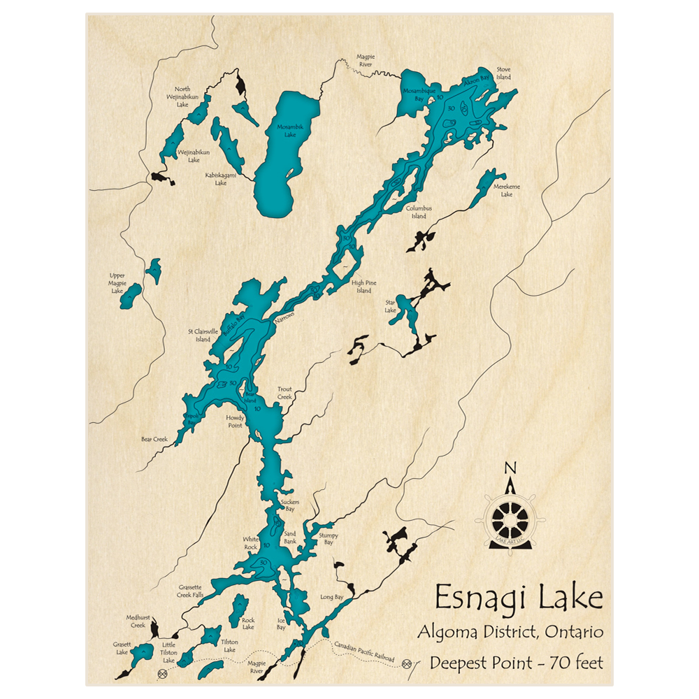 Bathymetric topo map of Esnagi Lake with roads, towns and depths noted in blue water