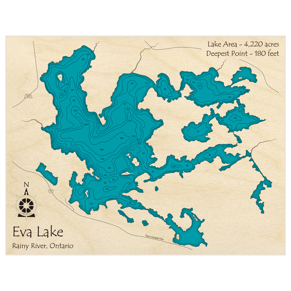 Bathymetric topo map of Eva Lake with roads, towns and depths noted in blue water