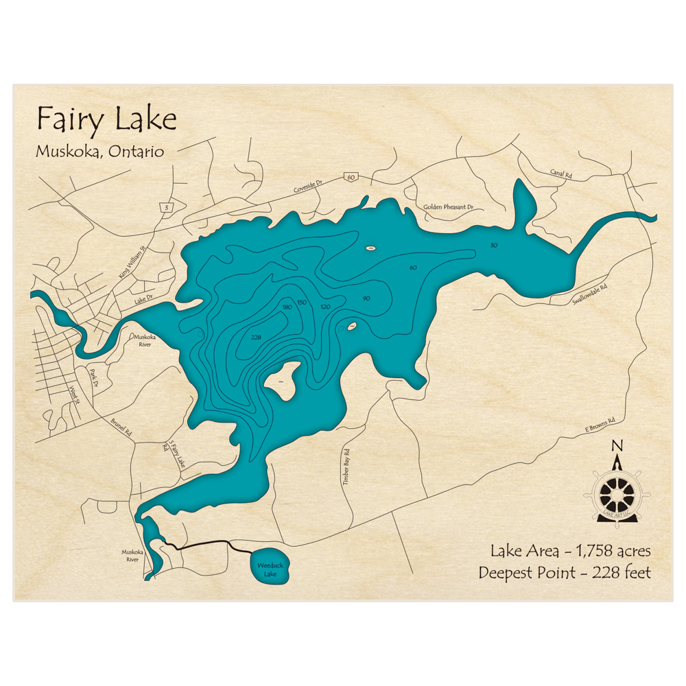 Bathymetric topo map of Fairy Lake with roads, towns and depths noted in blue water