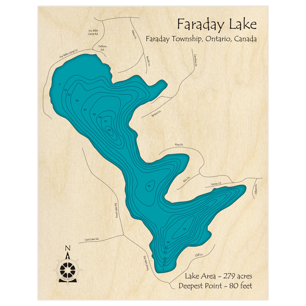 Bathymetric topo map of Faraday Lake  with roads, towns and depths noted in blue water
