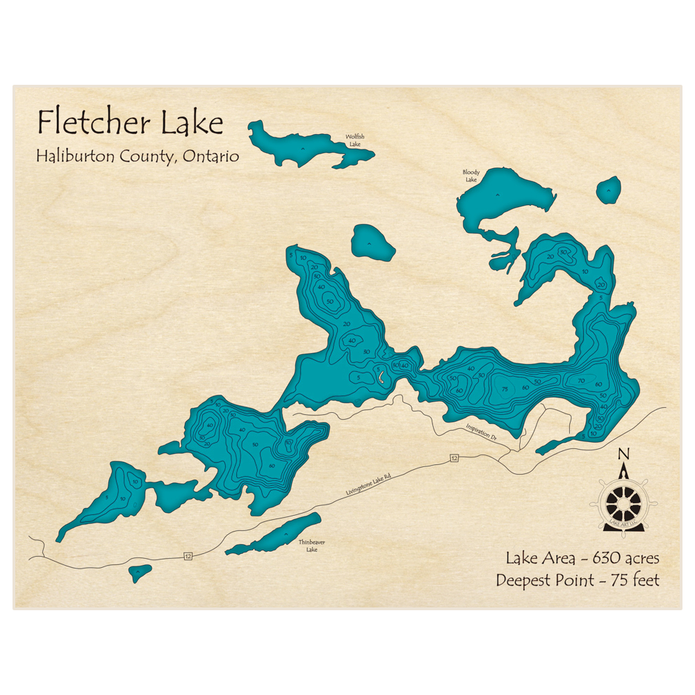 Bathymetric topo map of Fletcher Lake with roads, towns and depths noted in blue water