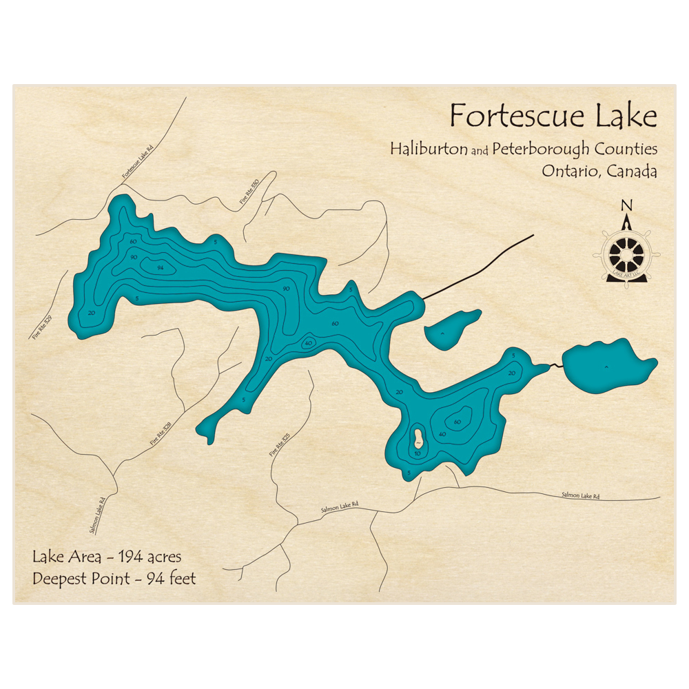 Bathymetric topo map of Fortescue Lake with roads, towns and depths noted in blue water