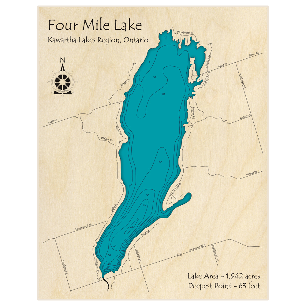 Bathymetric topo map of Four Mile Lake with roads, towns and depths noted in blue water