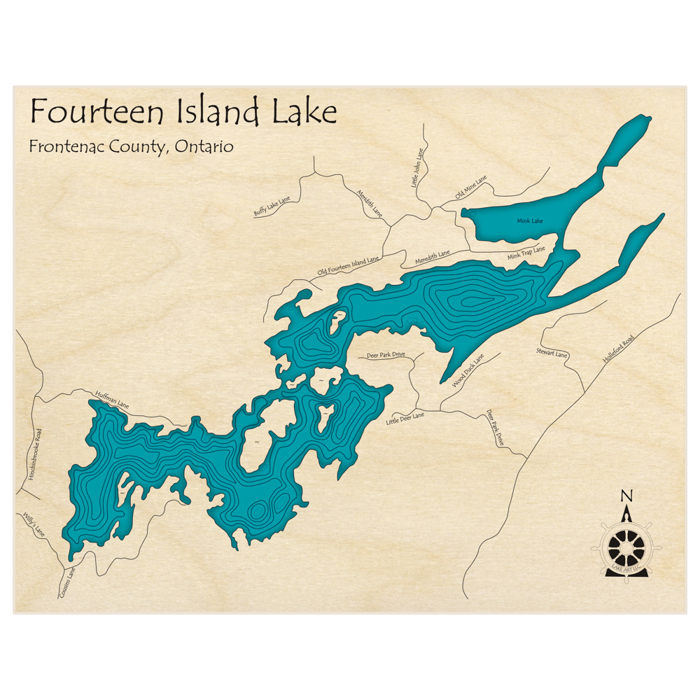Bathymetric topo map of Fourteen Island Lake  with roads, towns and depths noted in blue water