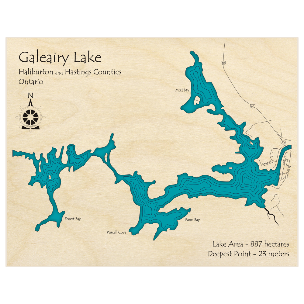 Bathymetric topo map of Galeairy Lake  with roads, towns and depths noted in blue water