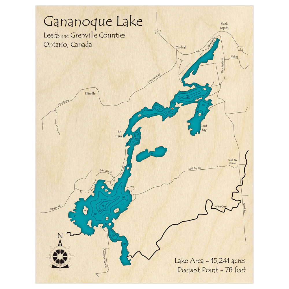 Bathymetric topo map of Gananoque Lake (entire lake) with roads, towns and depths noted in blue water