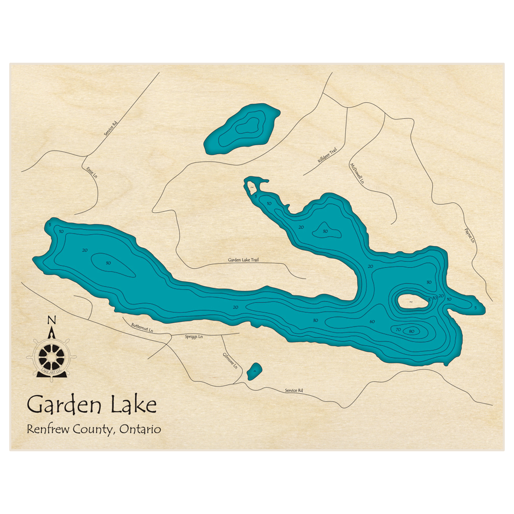 Bathymetric topo map of Garden Lake with roads, towns and depths noted in blue water