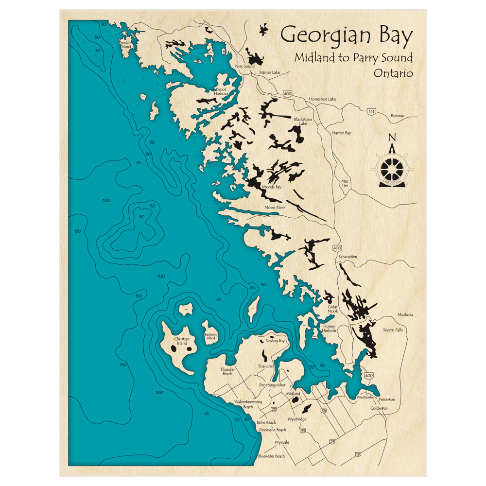 Bathymetric topo map of Georgian Bay (Zoomed from Midland to Parry Sound) with roads, towns and depths noted in blue water