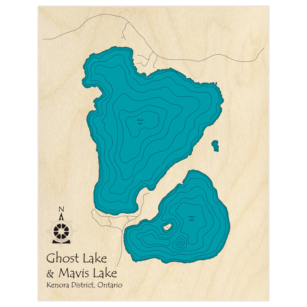 Bathymetric topo map of Ghost Lake and Mavis Lake (near Dryden) with roads, towns and depths noted in blue water