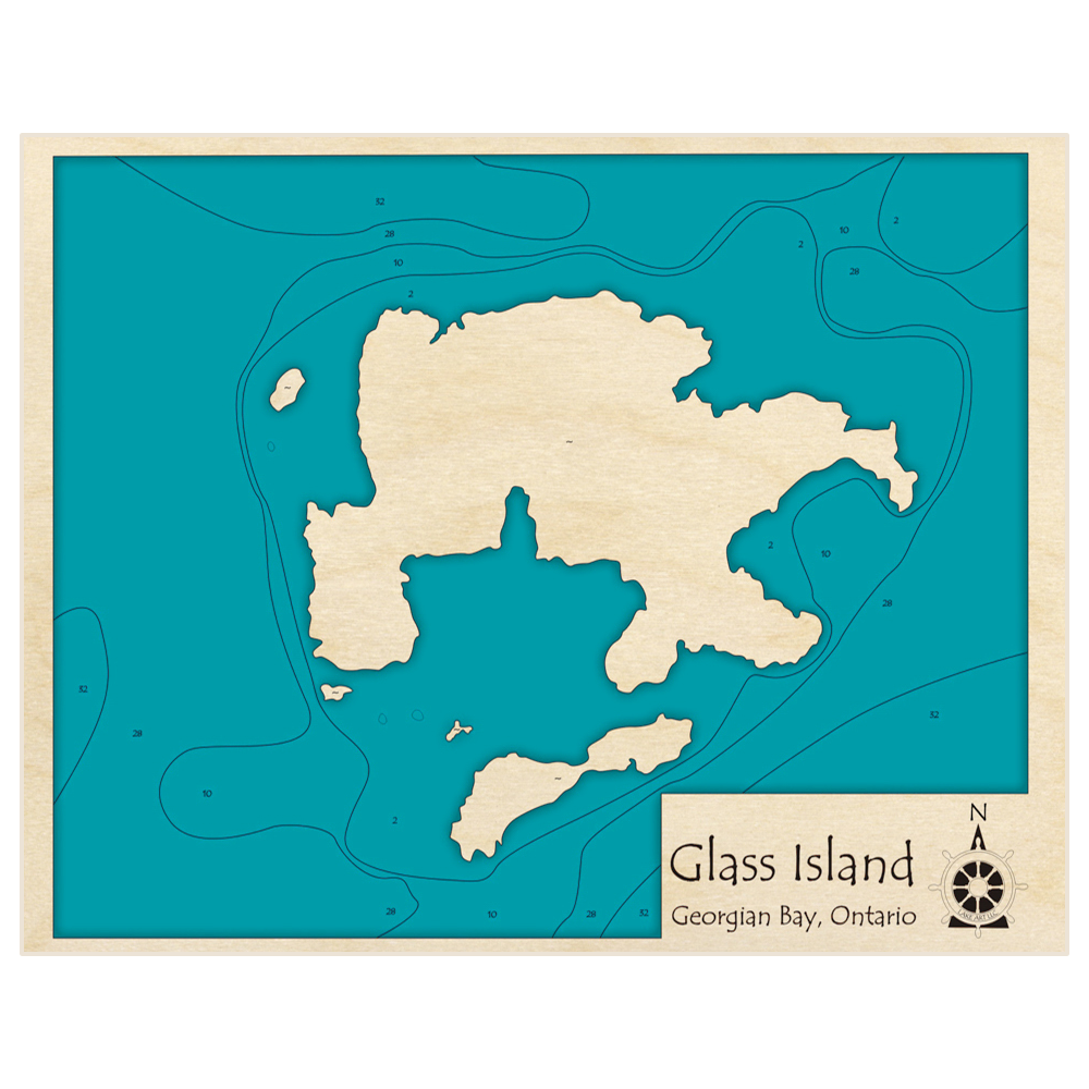 Bathymetric topo map of Glass Island with roads, towns and depths noted in blue water
