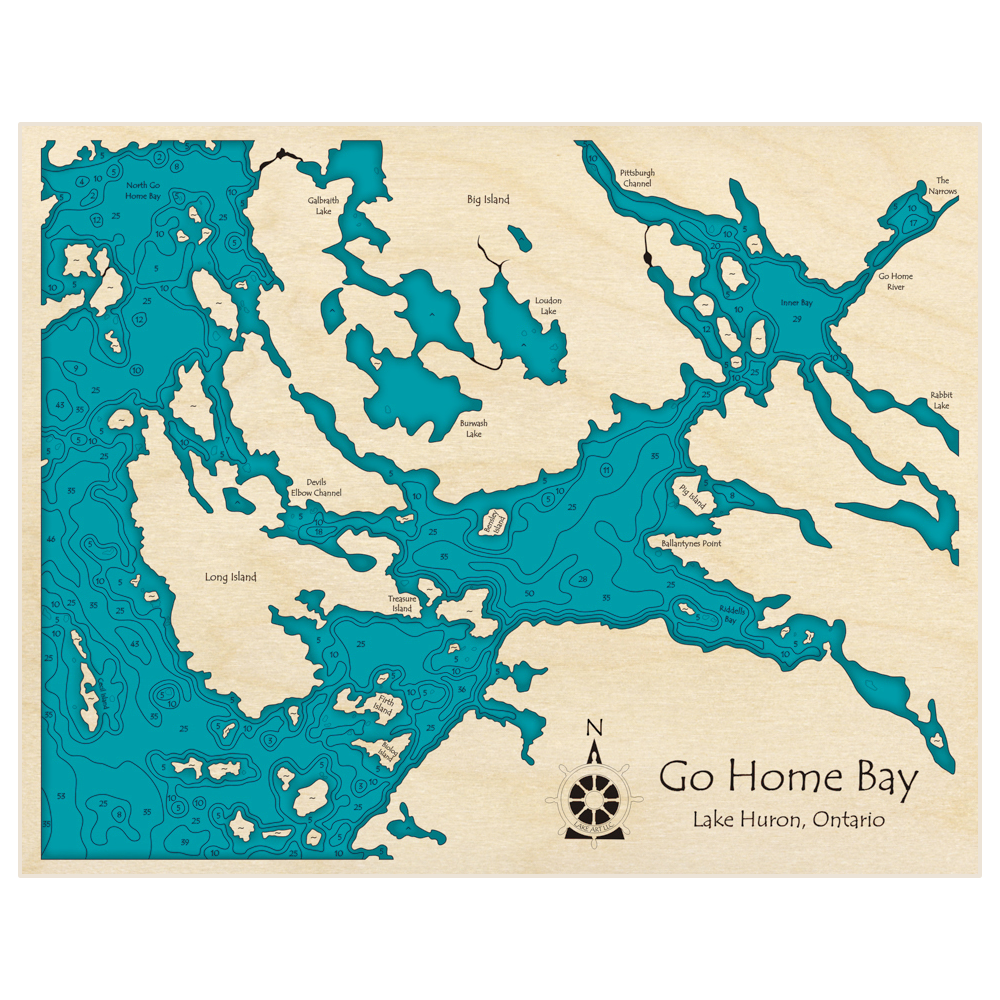 Bathymetric topo map of Go Home Bay with roads, towns and depths noted in blue water