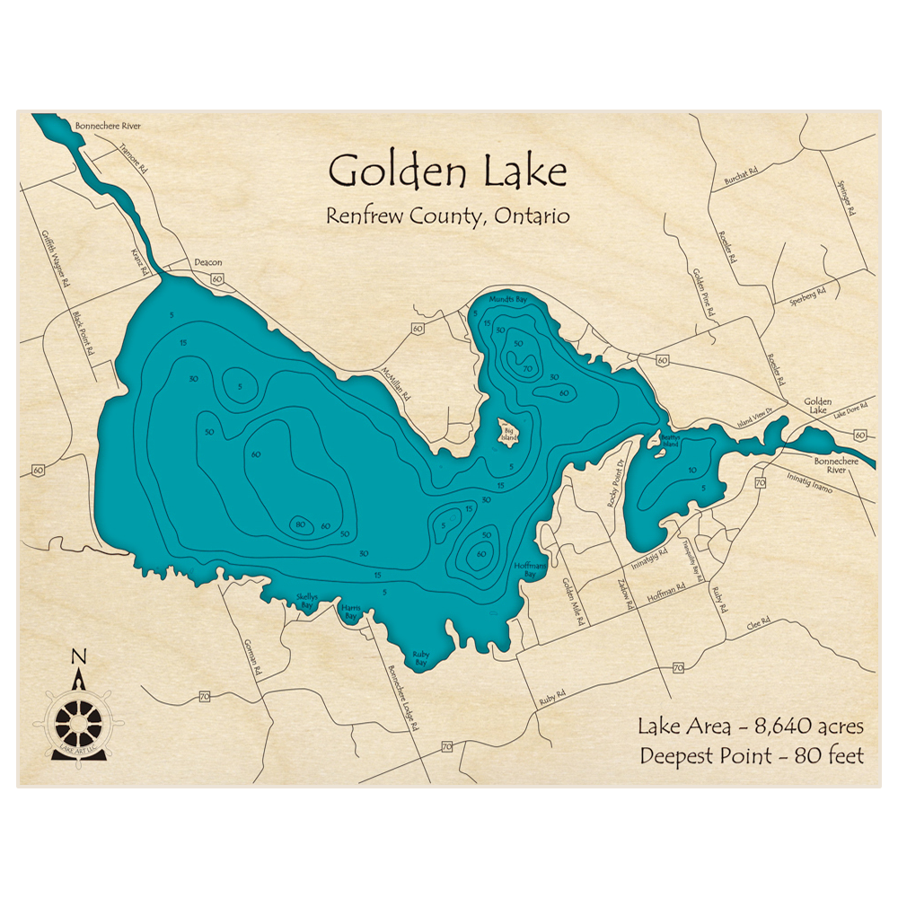 Bathymetric topo map of Golden Lake with roads, towns and depths noted in blue water