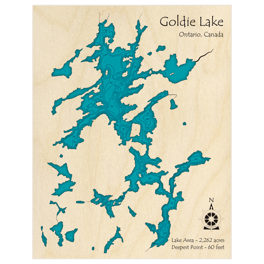 Bathymetric topo map of Goldie Lake with roads, towns and depths noted in blue water
