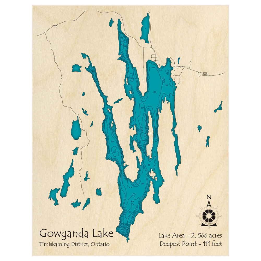 Bathymetric topo map of Gowganda Lake with roads, towns and depths noted in blue water
