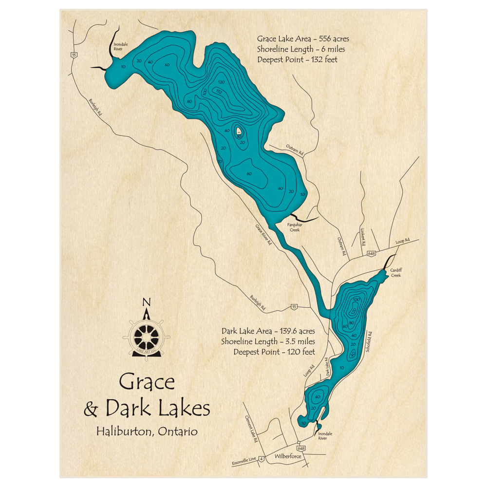 Bathymetric topo map of Grace and Dark Lakes (in Feet) with roads, towns and depths noted in blue water