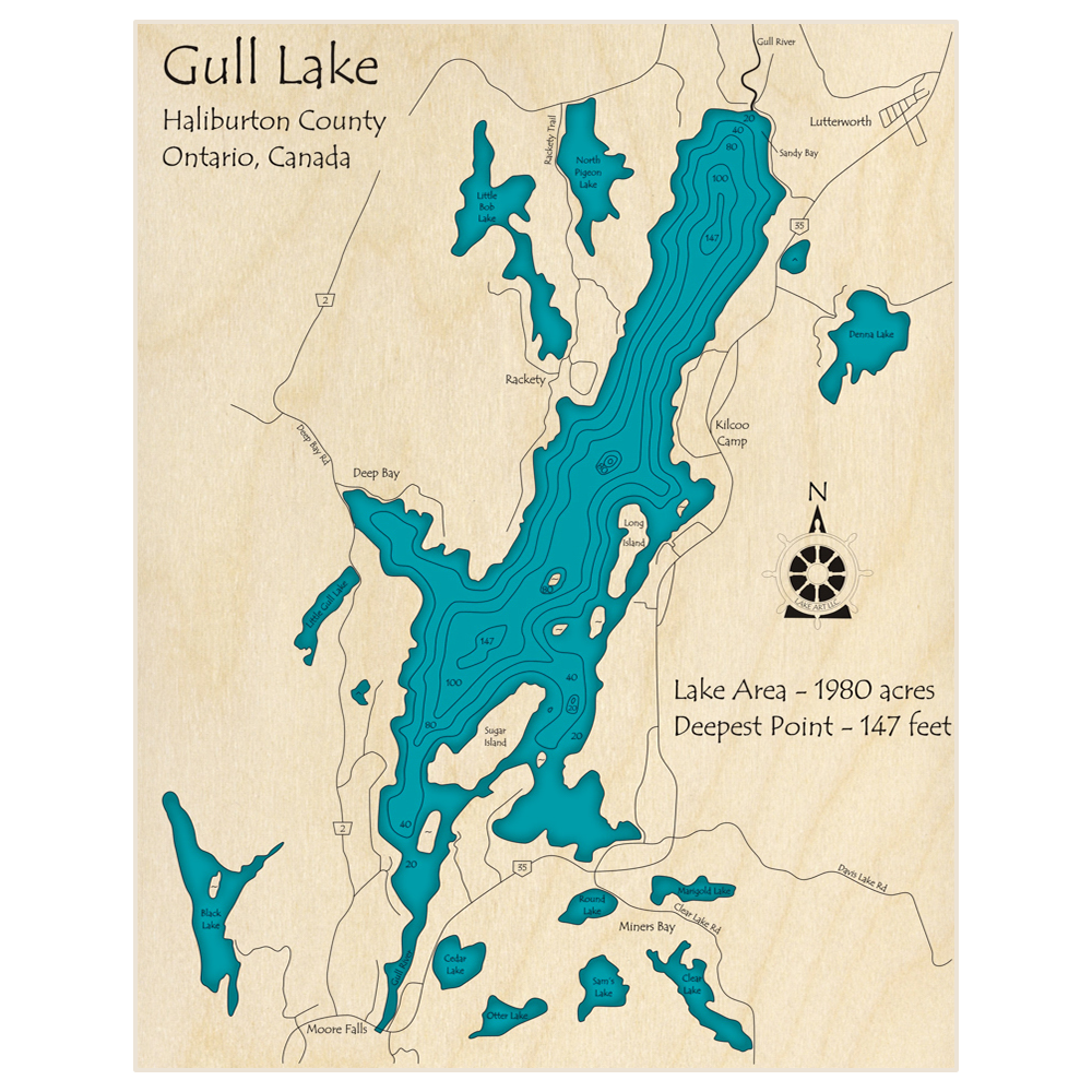 Bathymetric topo map of Gull Lake with roads, towns and depths noted in blue water