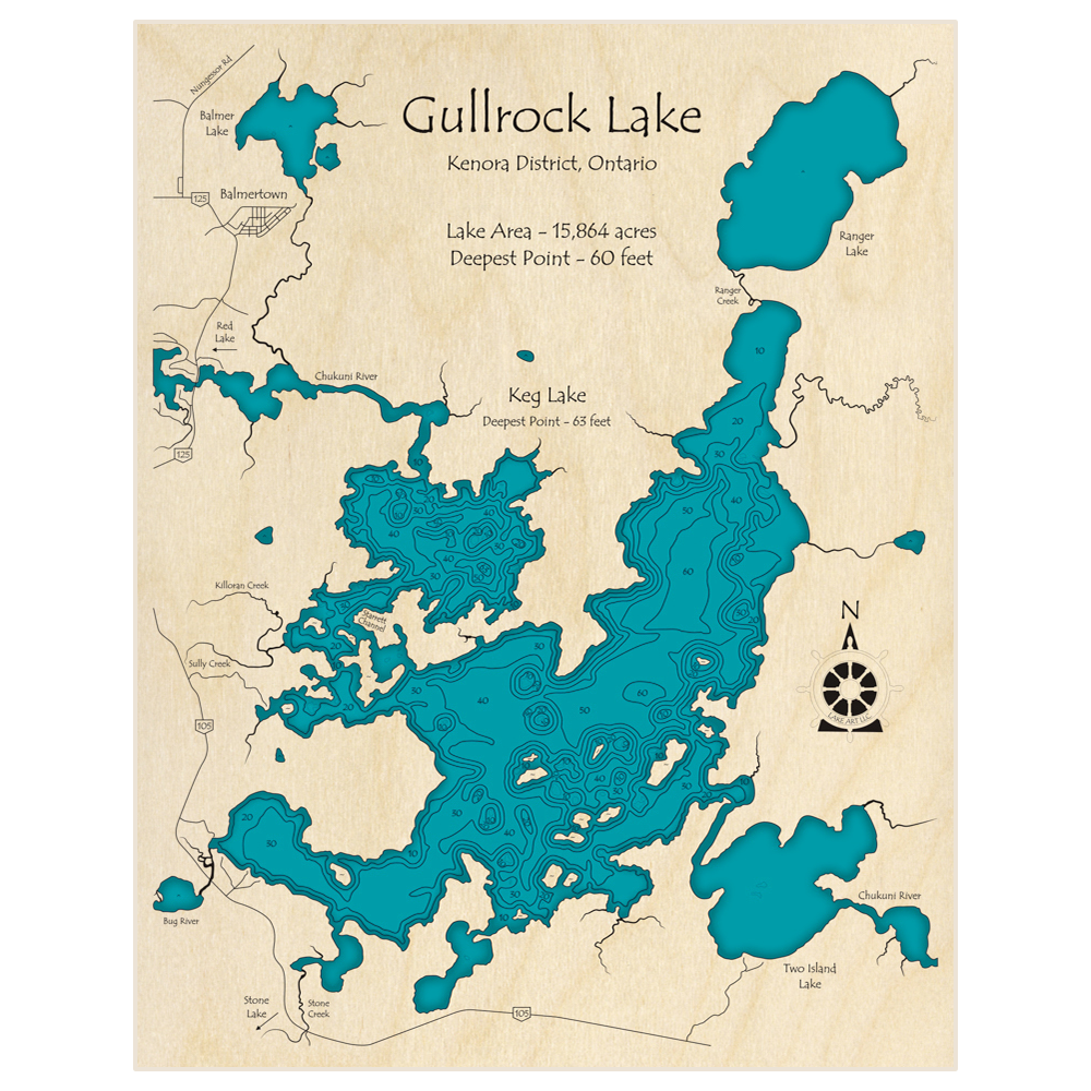 Bathymetric topo map of Gullrock Lake with Keg Lake with roads, towns and depths noted in blue water