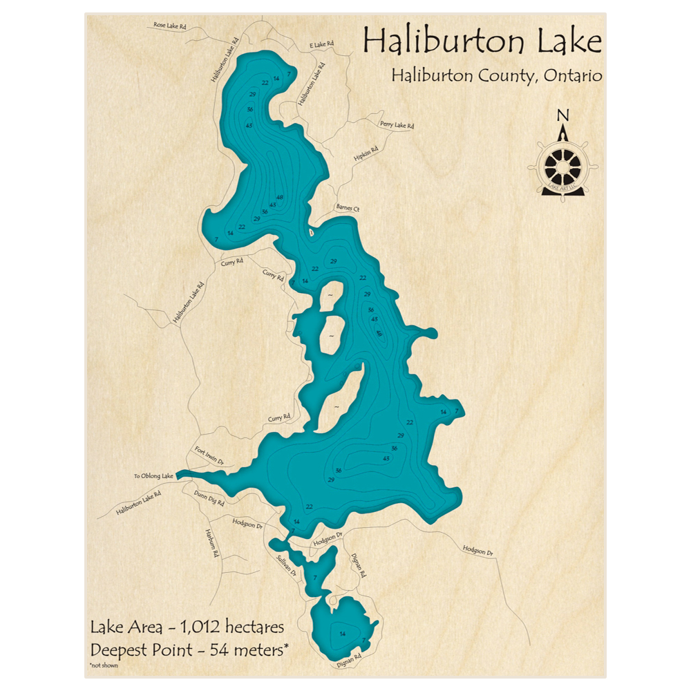 Bathymetric topo map of Haliburton Lake with roads, towns and depths noted in blue water