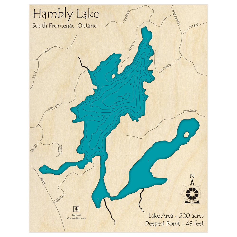 Bathymetric topo map of Hambly Lake with roads, towns and depths noted in blue water