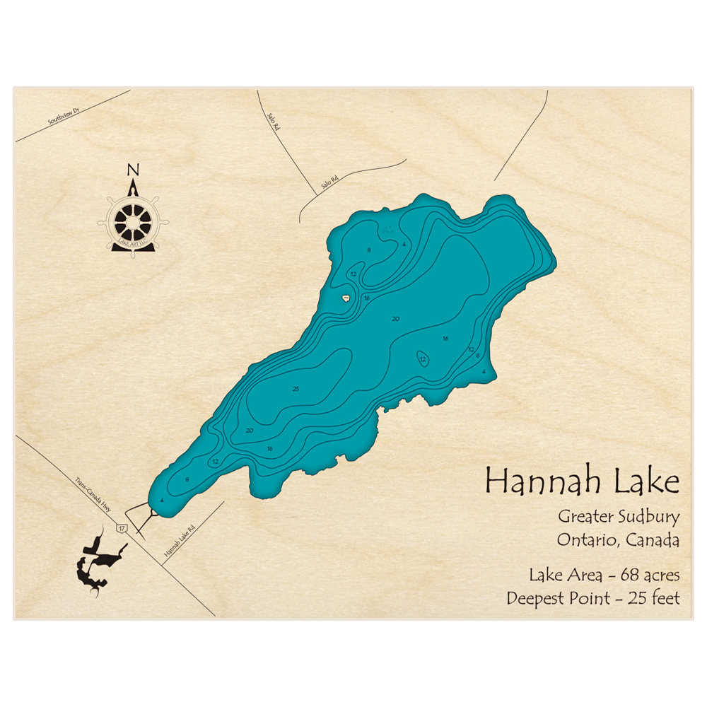 Bathymetric topo map of Hannah Lake (Near Sudbury) with roads, towns and depths noted in blue water