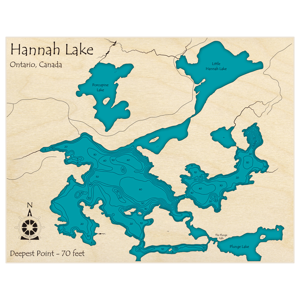 Bathymetric topo map of Hannah Lake (Near Espanola) with roads, towns and depths noted in blue water