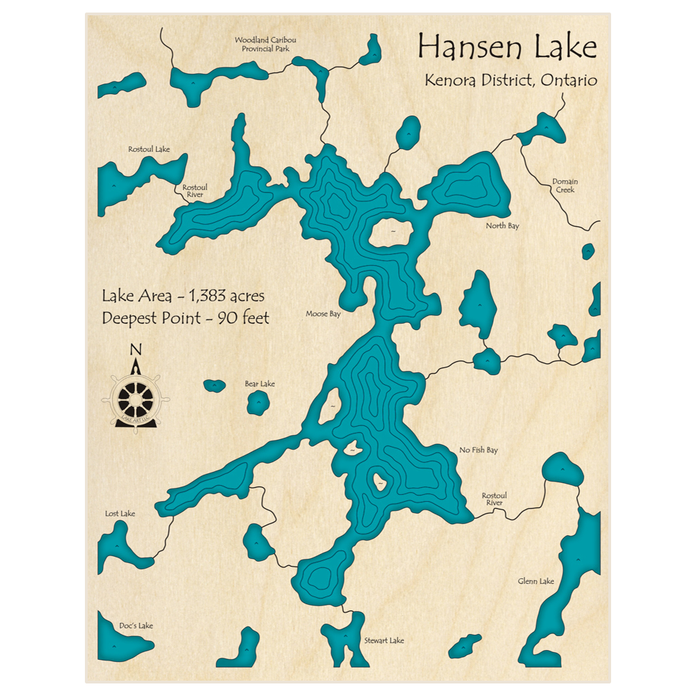 Bathymetric topo map of Hansen Lake  with roads, towns and depths noted in blue water