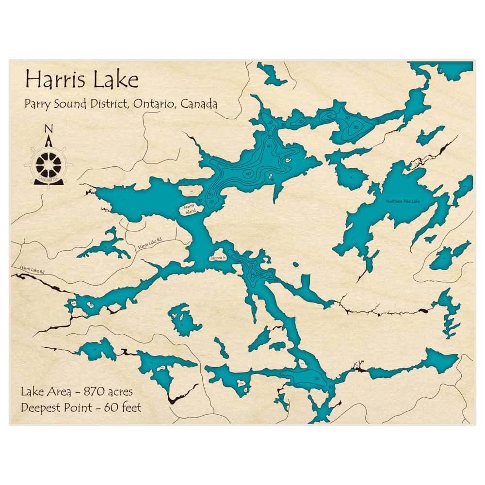 Bathymetric topo map of Harris Lake (near Northern Pike Lake) with roads, towns and depths noted in blue water