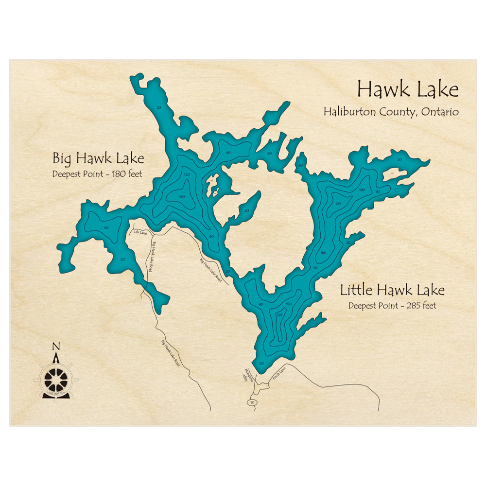 Bathymetric topo map of Big and Little Hawk Lakes with roads, towns and depths noted in blue water