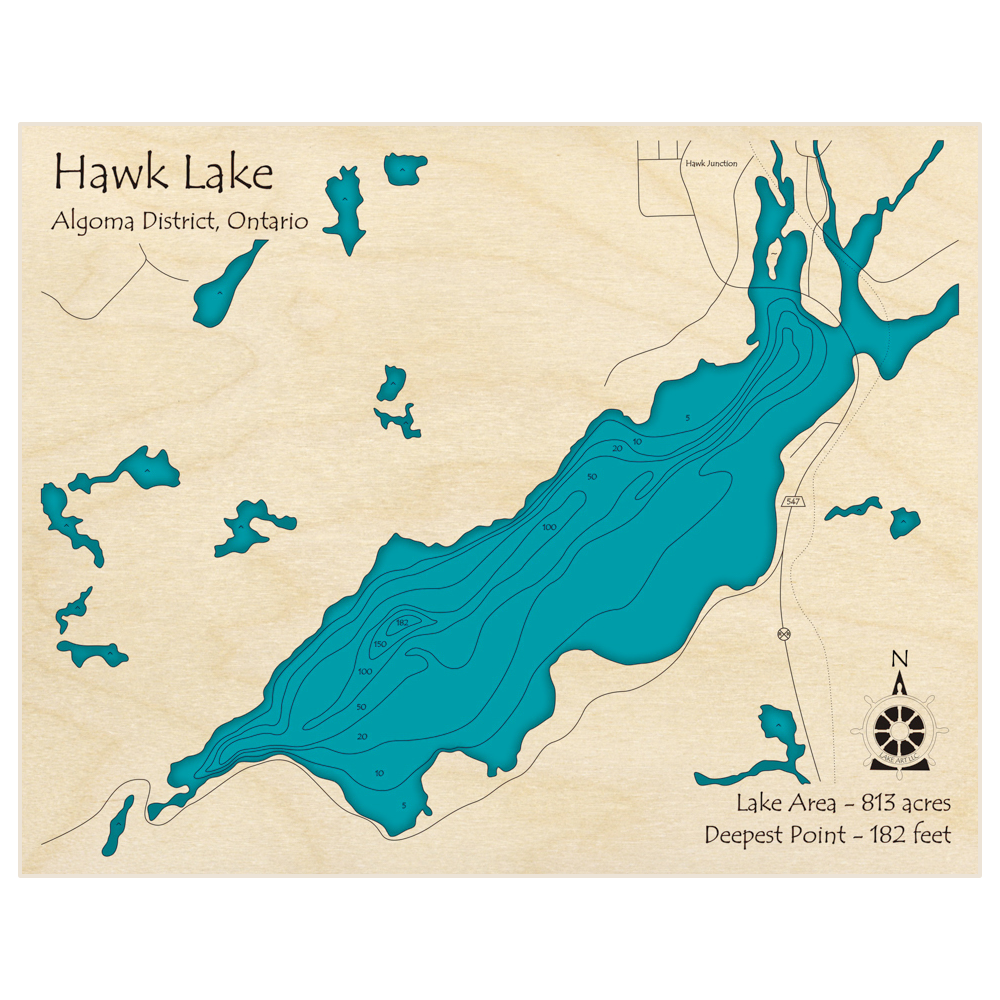 Bathymetric topo map of Hawk Lake with roads, towns and depths noted in blue water