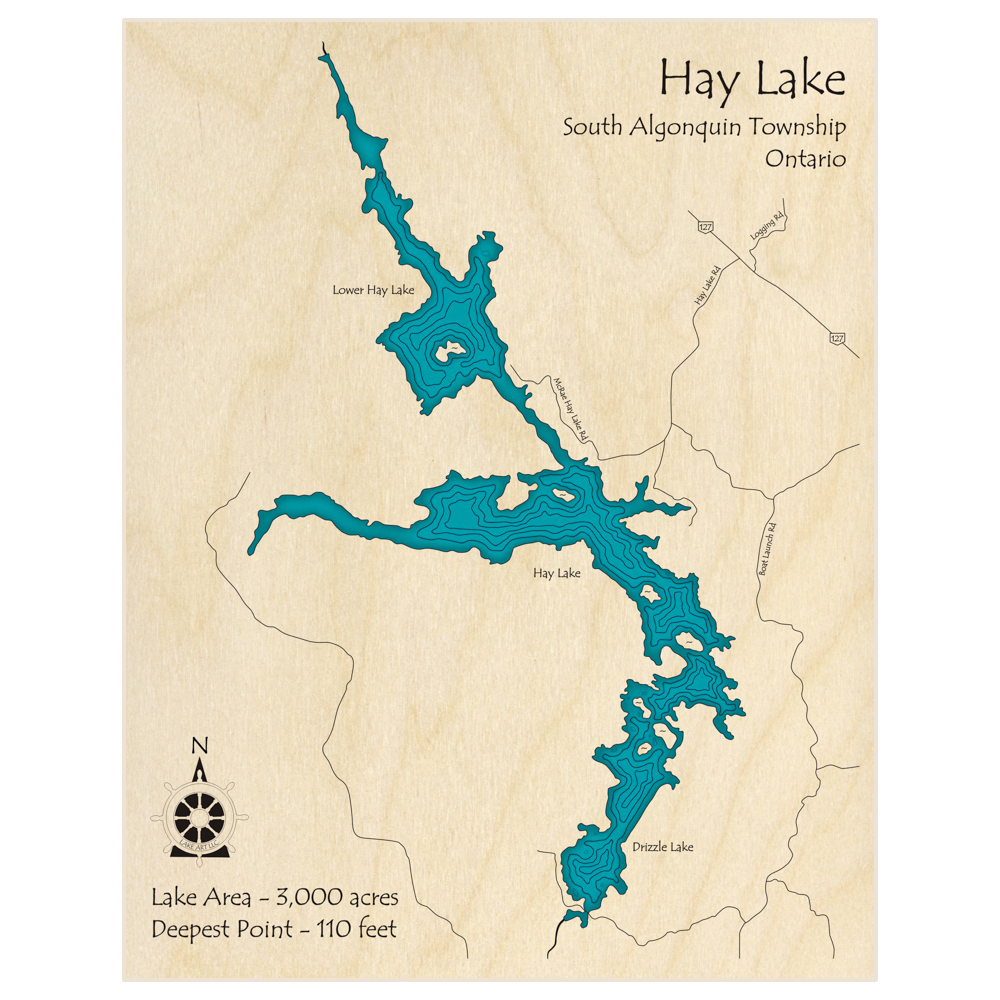Bathymetric topo map of Hay Lake with Little Hay Lake and Drizze Lake  with roads, towns and depths noted in blue water