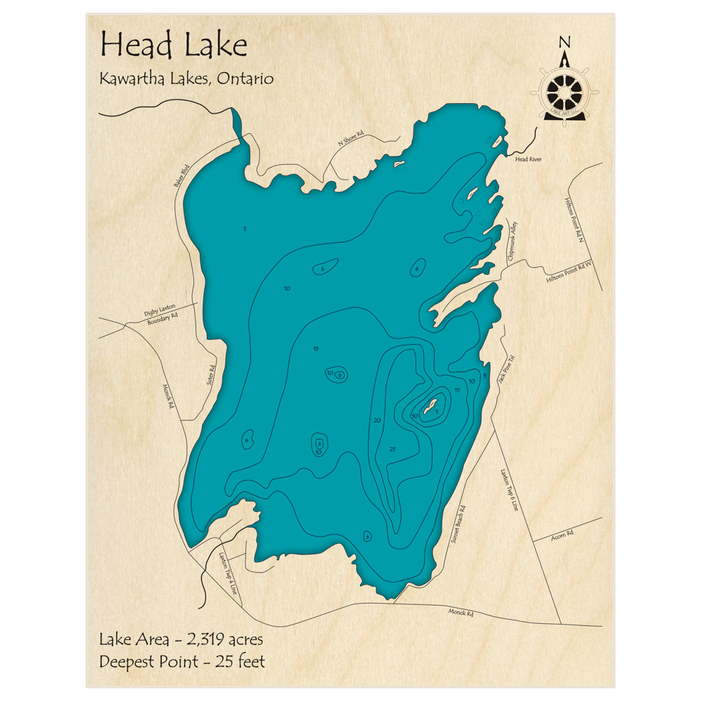 Bathymetric topo map of Head Lake with roads, towns and depths noted in blue water