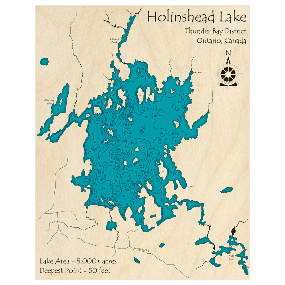 Bathymetric topo map of Holinshead Lake with roads, towns and depths noted in blue water