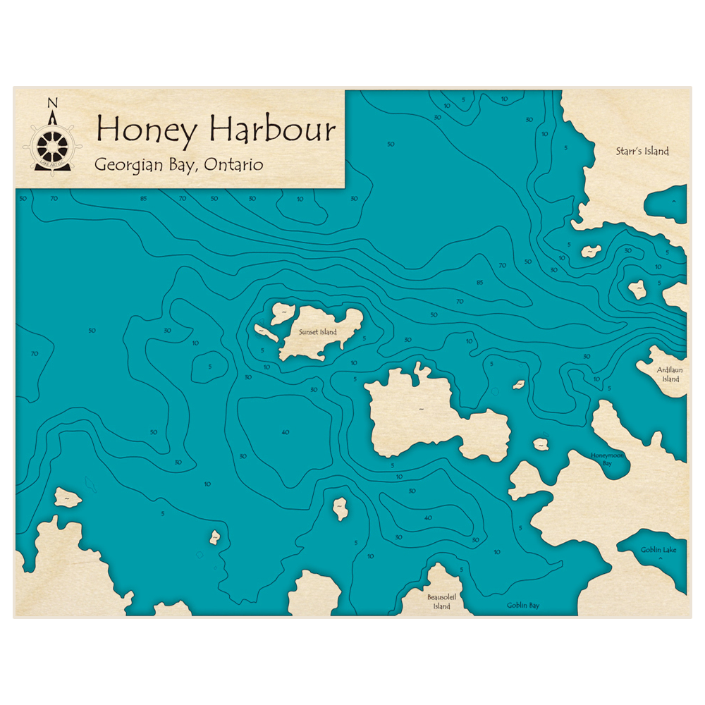 Bathymetric topo map of Honey Harbour Area (Sunset Island and Honeymoon Bay) with roads, towns and depths noted in blue water