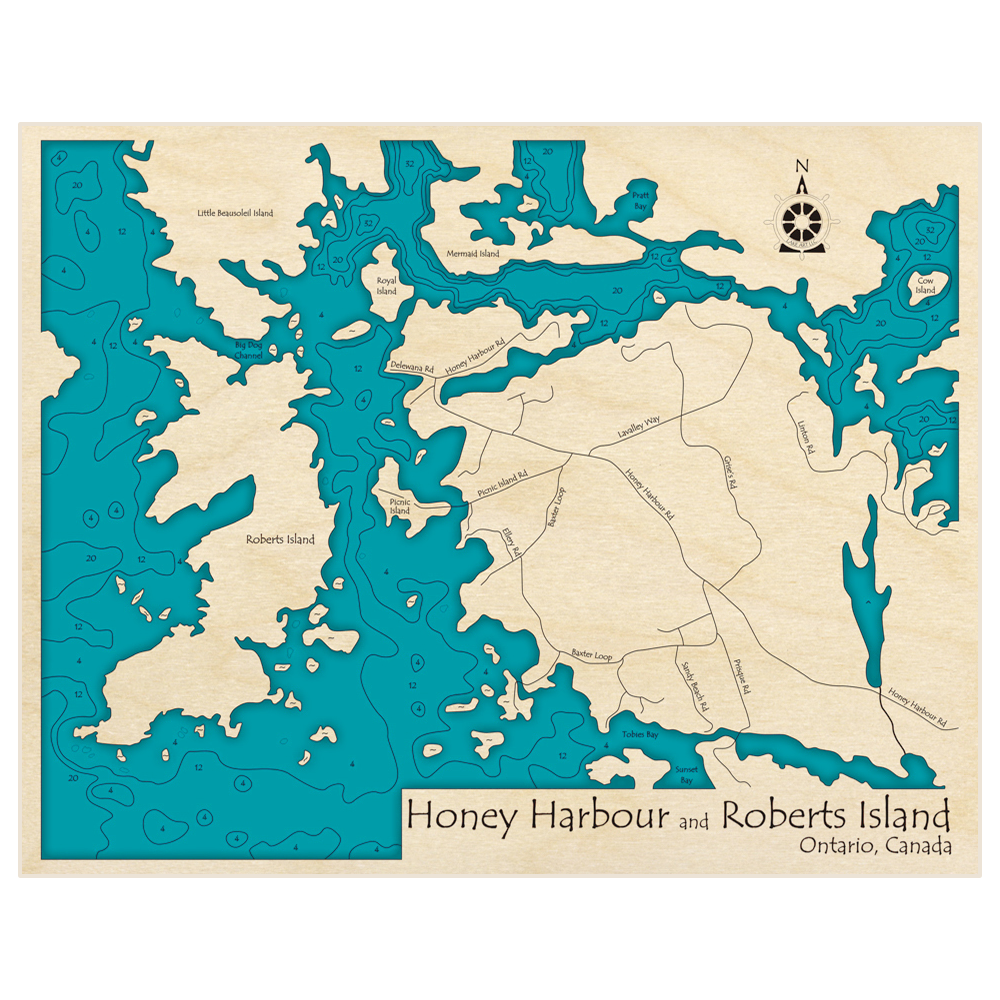 Bathymetric topo map of Honey Harbour and Roberts Island with roads, towns and depths noted in blue water