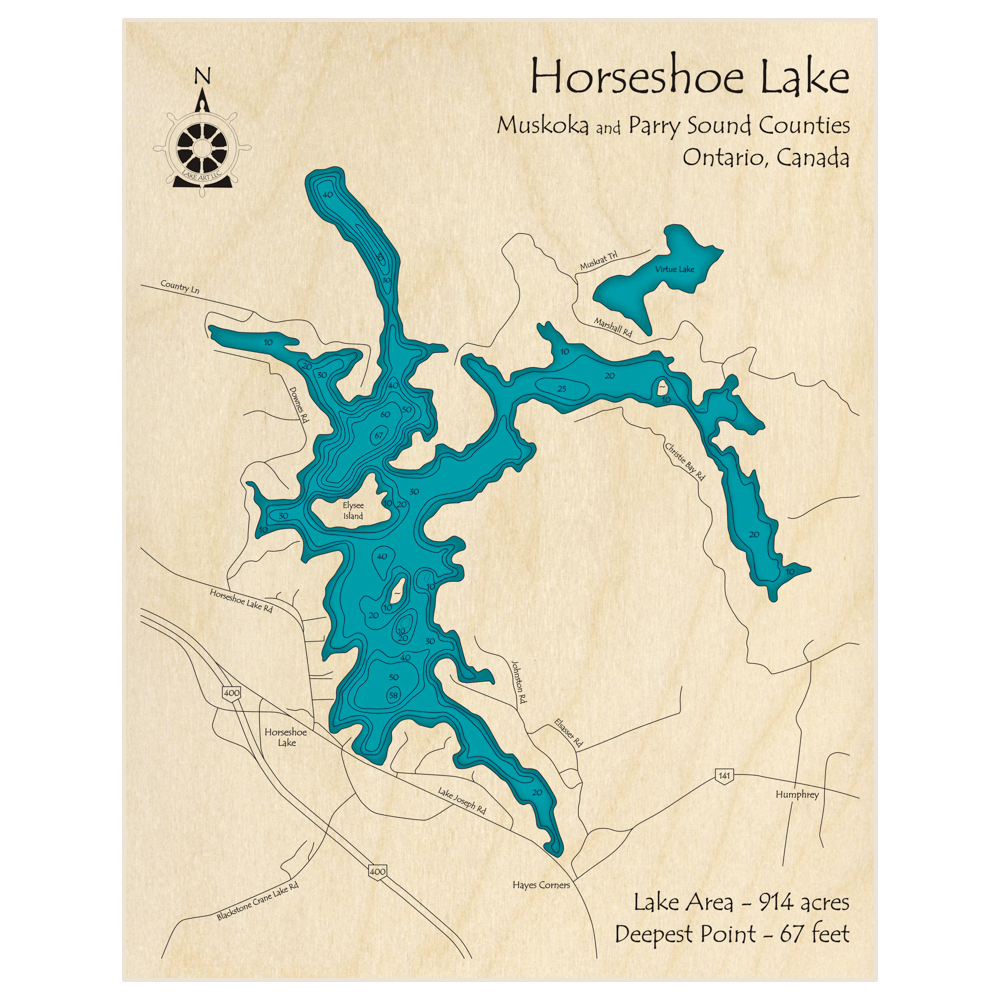 Bathymetric topo map of Horseshoe Lake with roads, towns and depths noted in blue water