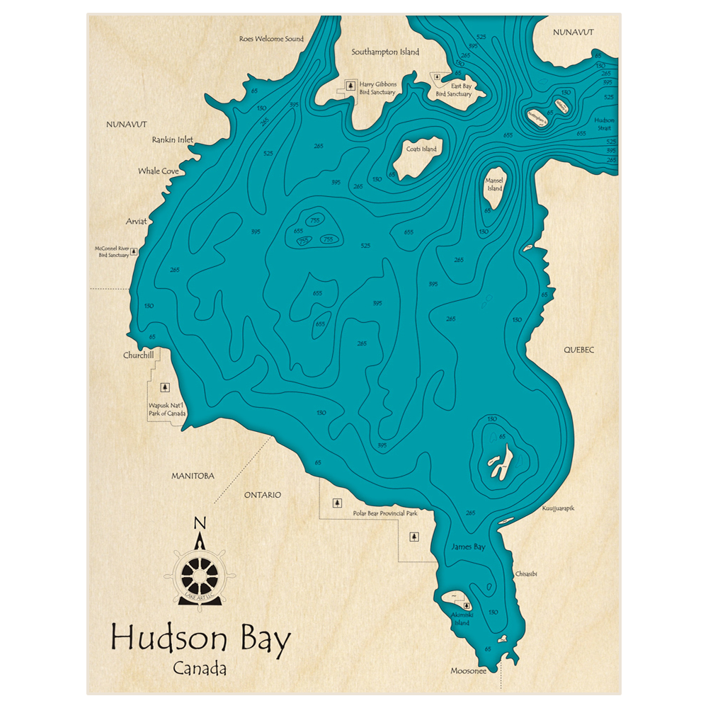Bathymetric topo map of Hudson Bay with roads, towns and depths noted in blue water