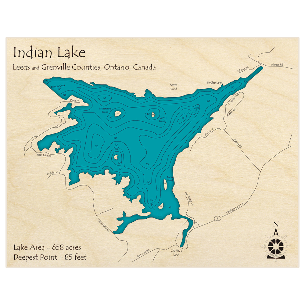 Bathymetric topo map of Indian Lake with roads, towns and depths noted in blue water