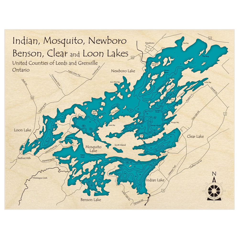 Bathymetric topo map of Indian, Mosquito, Newboro, Benson, Clear and Loon Lakes with roads, towns and depths noted in blue water