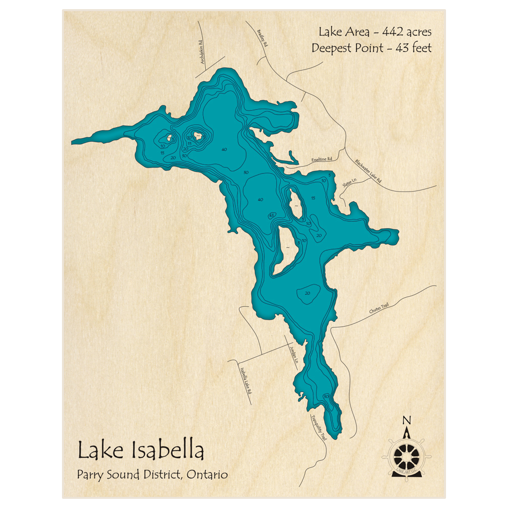 Bathymetric topo map of Lake Isabella with roads, towns and depths noted in blue water