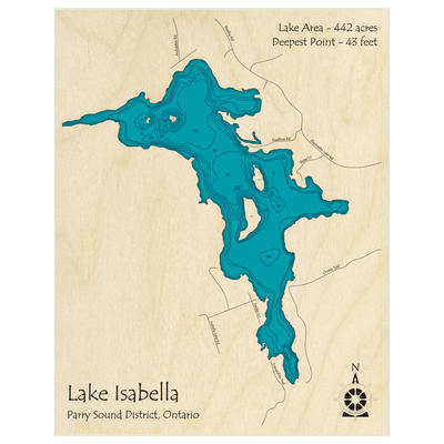 Bathymetric topo map of Lake Isabella with roads, towns and depths noted in blue water