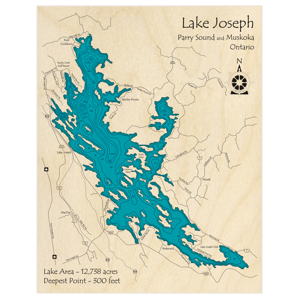 Bathymetric topo map of Lake Joseph with roads, towns and depths noted in blue water