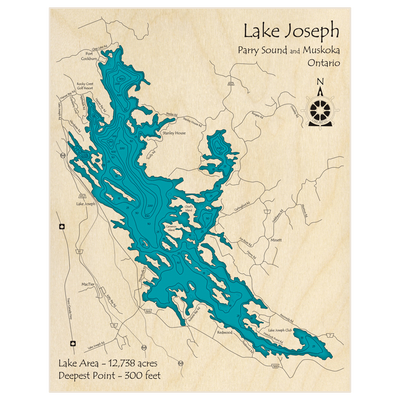 Bathymetric topo map of Lake Joseph with roads, towns and depths noted in blue water