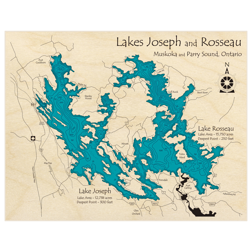 Bathymetric topo map of Lakes Joseph And Rosseau with roads, towns and depths noted in blue water