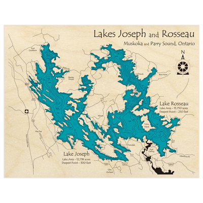 Bathymetric topo map of Lakes Joseph And Rosseau with roads, towns and depths noted in blue water