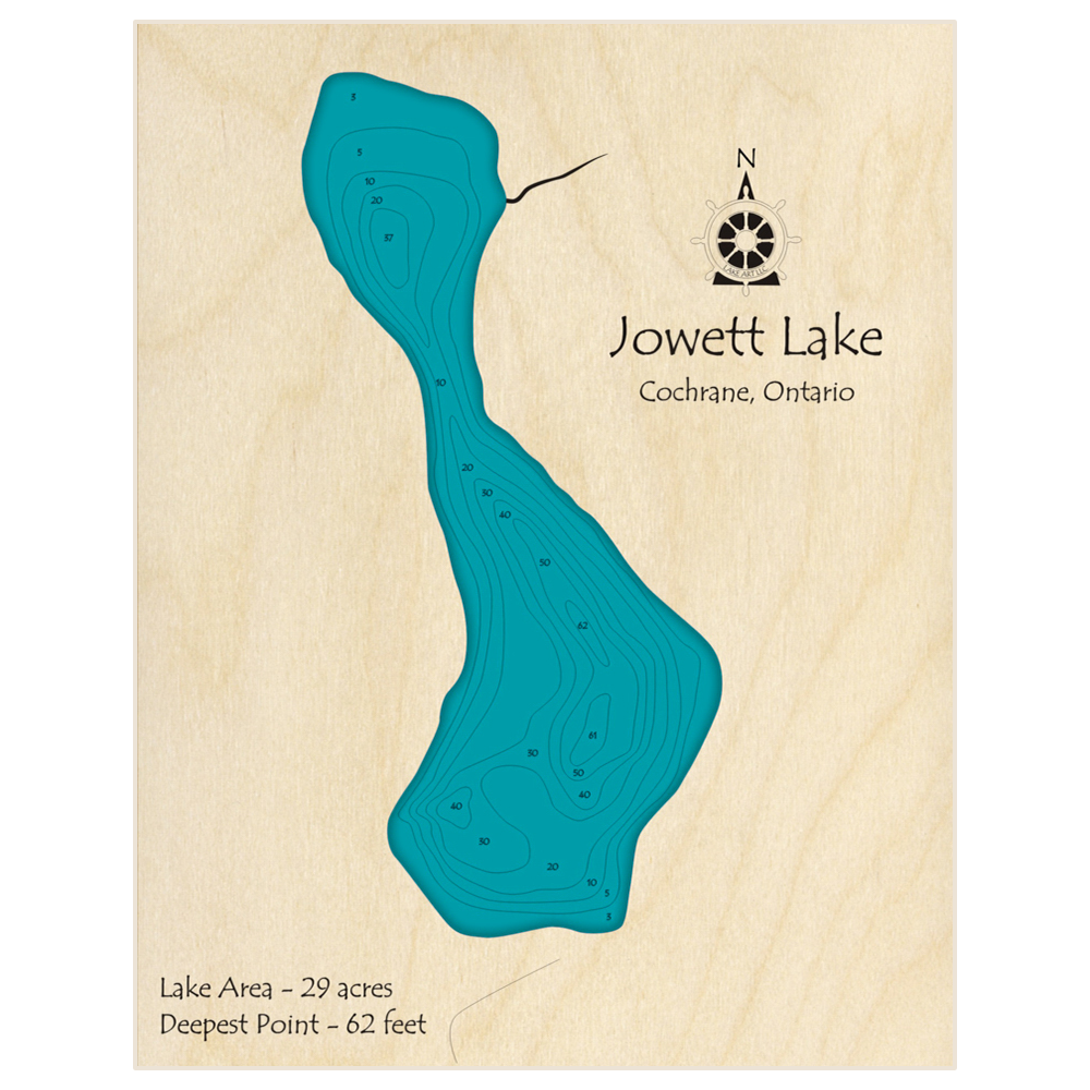 Bathymetric topo map of Jowett Lake with roads, towns and depths noted in blue water