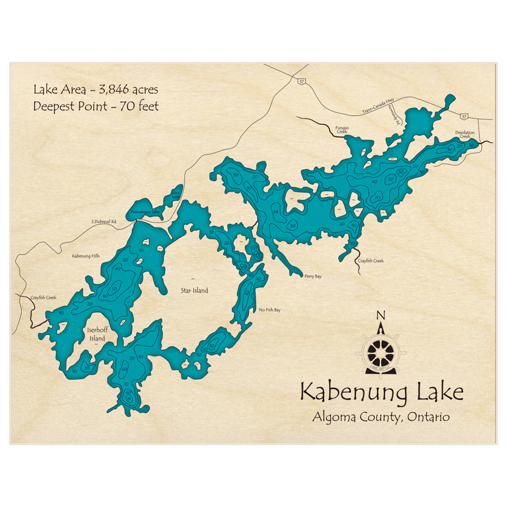Bathymetric topo map of Kabenung Lake with roads, towns and depths noted in blue water