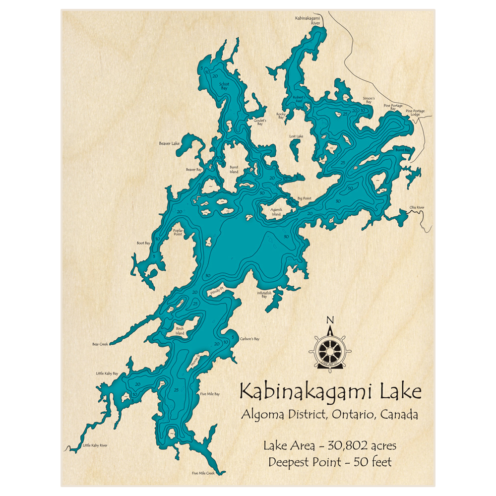 Bathymetric topo map of Kabinakagami Lake with roads, towns and depths noted in blue water