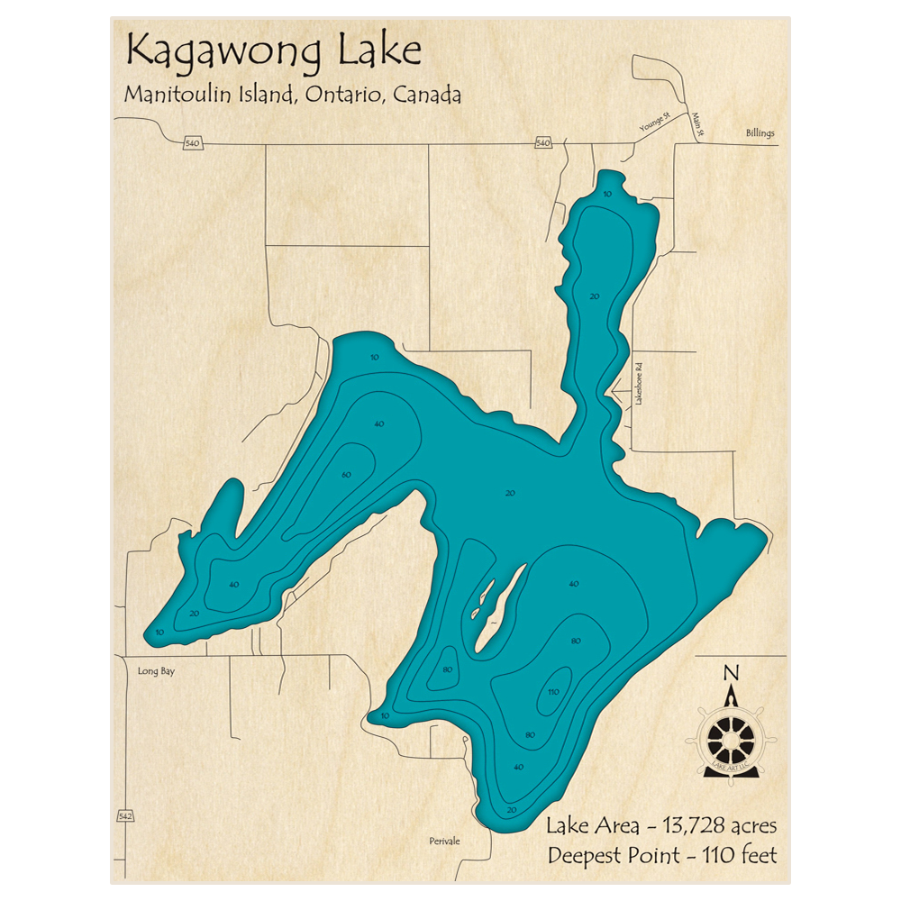 Bathymetric topo map of Kagawong Lake with roads, towns and depths noted in blue water