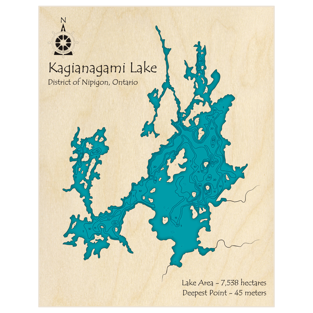 Bathymetric topo map of Kagianagami Lake with roads, towns and depths noted in blue water