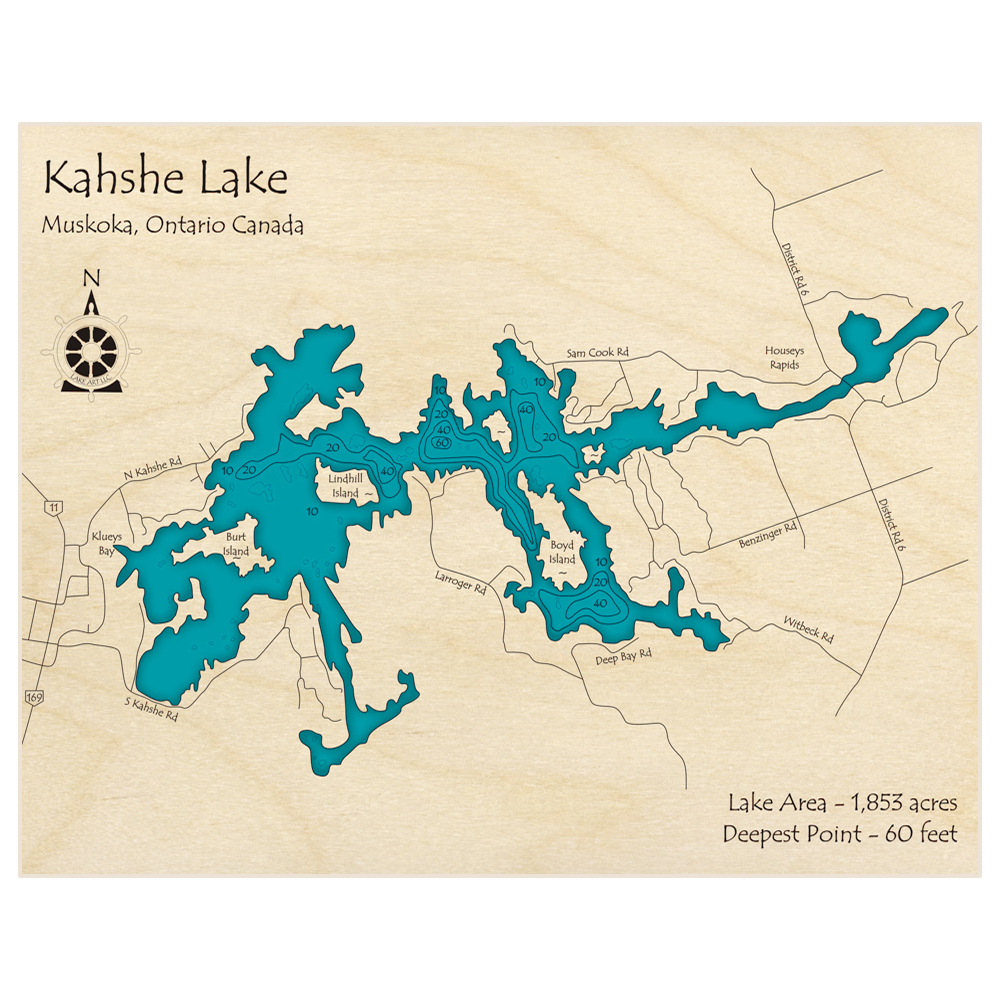 Bathymetric topo map of Kahshe Lake with roads, towns and depths noted in blue water